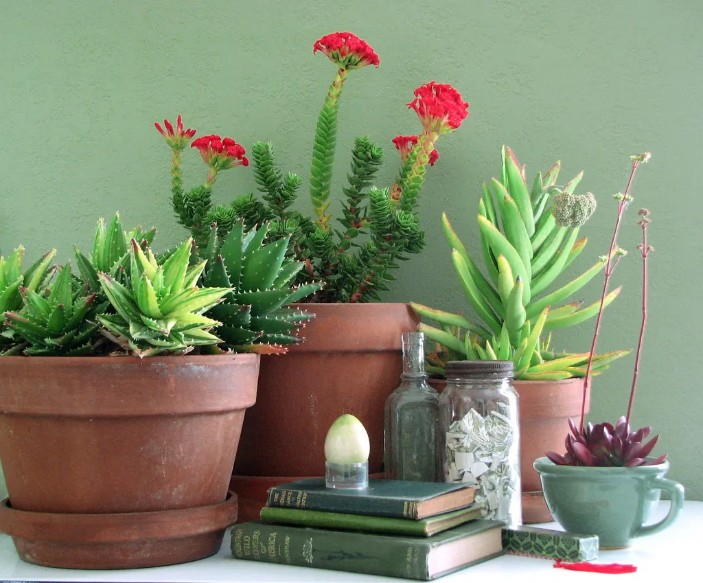 Suculentas y cactus en macetas de barro junto a una pared verde